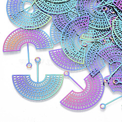 Ion Plating(IP) 201 Stainless Steel Filigree Pendants, Etched Metal Embellishments, Fan, Rainbow Color, 34x38x0.3mm, Hole: 2mm(X-STAS-R102-32)