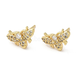 Rack Plating Brass Moth Stud Earrings with Cubic Zirconia, Lead Free & Cadmium Free, Real 18K Gold Plated, 8x12mm(EJEW-D061-39G)
