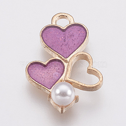 Zinc Alloy Enamel Pendants, with Acrylic Beads, Heart, Golden, Orchid, 19x13x5mm, Hole: 1.5mm(PALLOY-I124-03G-A)