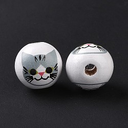 Printed Wood European Beads, Large Hole Beads, Round with Cat Pattern, Gray, 15.5~16x14.5~15mm, Hole: 4.6mm(WOOD-B005-01D)
