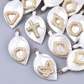 ABS Plastic Pendants, with ABS Plastic Imitation Pearl, Light Gold Plated Alloy Finding and Brass Loop, Leaf, Mixed Color, 34~35x18.5x5.5~6.5mm, Hole: 1.6mm