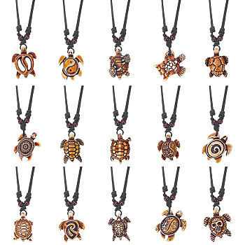 15Pcs 15 Styles Tortoise Resin Pendant Necklaces Set with Adjustable Cotton Cords, Yin Yang & Skull & Evil Eye Pattern, Goldenrod, 19.29~37.40 inch(49~95cm), 1Pc/style