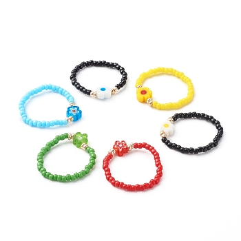Handmade Baking Painted Glass Seed Beads Stretch Rings, with Acrylic Beads, Flat Round with Heart, Mixed Color, Beads: 2x1.5mm, US Size 10 1/4(19.9mm)