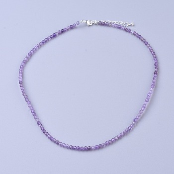 Natural Amethyst Beaded Necklaces, with Brass Lobster Claw Clasps, Faceted Round Beads, 16.5 inch~16.7 inch(42~42.5cm)x3~3.5mm