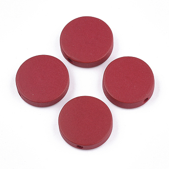 Painted Natural Wood Beads, Flat Round, Crimson, 15~15.5x4mm, Hole: 1.8mm
