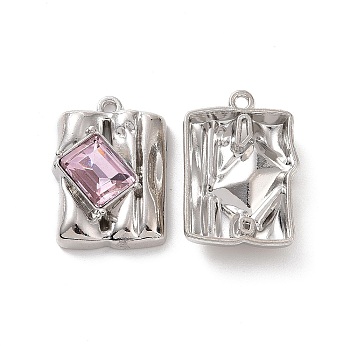 Rack Plating Alloy Glass Pendants, Cadmium Free & Lead Free & Nickle Free, Platinum Tone Rectangle Charms, Pearl Pink, 20x14x5mm, Hole: 1.2mm