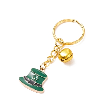 St.Patrick's Day Hat with Clover Alloy Enamel Charms Keychains, Aluminum Bell Keychains, with Iron Findings, Golden, 7.2cm