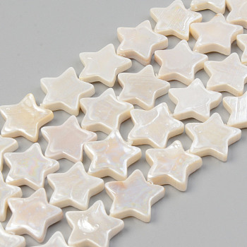 Electroplate Natural Freshwater Shell Beads Strands, Star, Seashell Color, 15x15.5x3mm, Hole: 0.8mm, about 27pcs/strand, 14.76 inch~14.96 inch(37.5cm~38cm)
