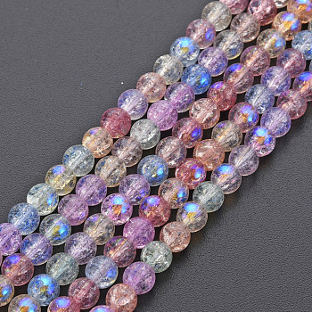 Electroplate Crackle Glass Bead Strands, AB Color Plated, Dyed & Heated, Round, Colorful, 4mm, Hole: 0.8mm, about 98~100pcs/strand, 15.35 inch(39cm)