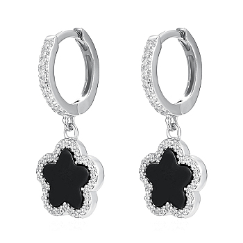S925 Silver Black Agate Zircon Hoop Earrings, Flower Charms