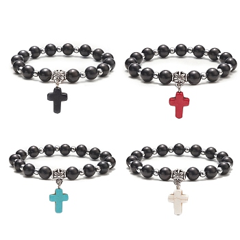 Dyed Synthetic Turquoise Cross Charm Bracelets, Natural Rosewood & Non-magnetic Synthetic Hematite Beaded Stretch Bracelet for Men Women, Mixed Color, 1/8~3/8 inch(0.45~0.85cm), Inner Diameter: 2 inch(5cm)