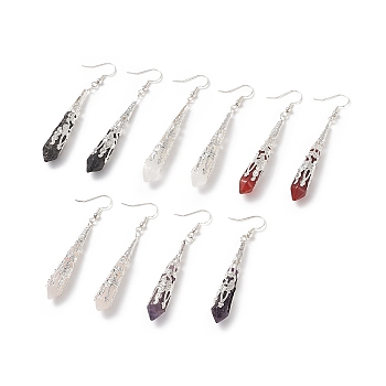 5 Pairs 5 Style Natural Mixed Gemstone Bullet Dangle Earrings, Silver Color Plated Brass Long Drop Earrings for Women, Silver, 70mm, Pin: 0.6mm, 1 Pair/style