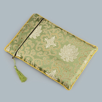 Floral Print Cloth Scriptures Storage Zipper Pouches, with Tassels, Rectangle, Dark Sea Green, 34x24cm