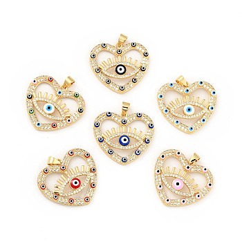 Rack Plating Brass Micro Pave Clear Cubic Zirconia Pendants, with Enamel, Cadmium Free & Lead Free, Heart with Evil Eye, Real 18K Gold Plated, Mixed Color, 24.5x27x4.5mm, Hole: 3x3.7mm