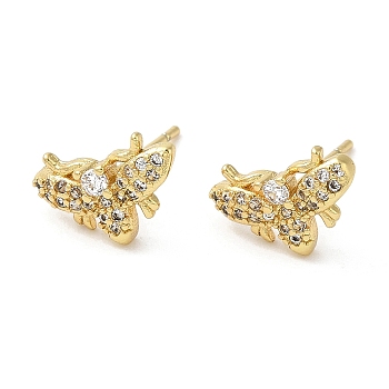 Rack Plating Brass Moth Stud Earrings with Cubic Zirconia, Lead Free & Cadmium Free, Real 18K Gold Plated, 8x12mm
