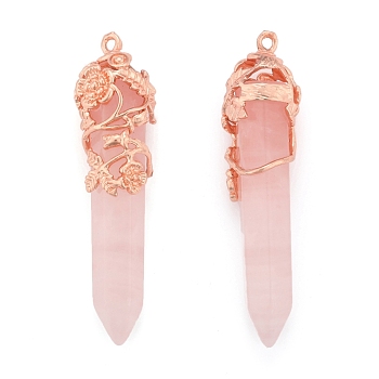 Natural Rose Quartz Pointed Pendants, with Brass Findings, Bullet, Rose Gold, 57~60x16mm, Hole: 8x5mm