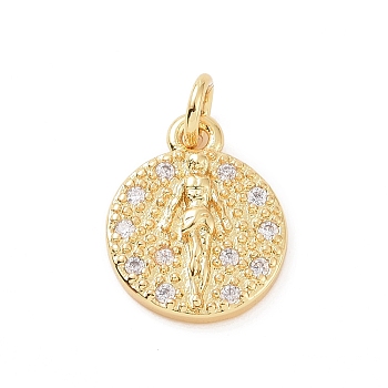 Brass Micro Pave Cubic Zirconia Charms, with Jump Ring, Flat Round with Girl Charm, Golden, 13x10.5x2.5mm, Hole: 2.8mm