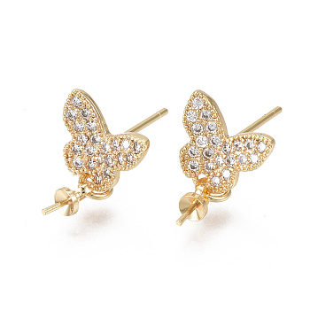 Brass Micro Pave Cubic Zirconia Stud Earring Findings, for Half Drilled Bead, Nickel Free, Butterfly, Real 18K Gold Plated, Clear, 16mm, Pin: 0.7mm, Pin: 0.7mm(for half drilled beads), Butterfly: 9x10mm