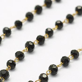 Handmade Glass Beaded Chains, Soldered, with Spool, with Raw(Unplated) Brass Findings, Nickel Free, Faceted, Rondelle, Black, 2.5~3mm, about 32.8 Feet(10m)/roll