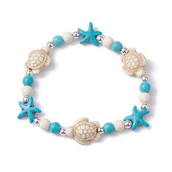 Turtle & Starfish Synthetic Turquoise Beaded Stretch Bracelet, Floral White, Inner Diameter: 2-1/4 inch(5.6cm)