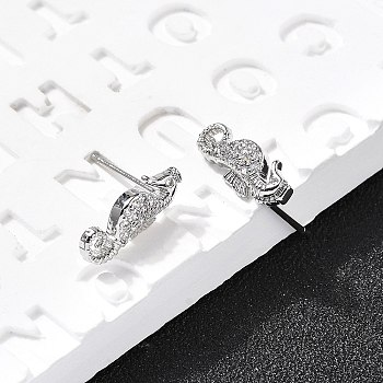 Sea Horse Brass Micro Pave Cubic Zirconia Ear Studs, Long-Lasting Plated, Lead Free & Cadmium Free, Rack Plating, Platinum, 13.5x5.5mm