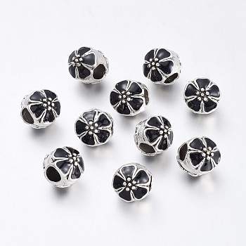 Antique Silver Plated Alloy Enamel European Beads, Large Hole Rondelle Beads, Black, 10mm, Hole: 4mm