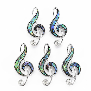 Musical Note Natural Abalone Shell/Paua Shell Brooch Pin, Alloy Lapel Pin for Girl Women, Lead Free & Cadmium Free, Platinum, Colorful, 50~52x23x9mm, Hole: 7x4mm, Pin: 0.7mm