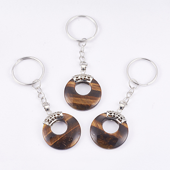 Natural Tiger Eye Keychain, with Platinum Plated Iron Key Rings and Brass Findings, Flat Round, 84mm