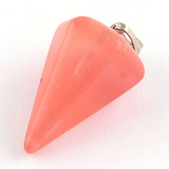 Cone/Spike/Pendulum Dyed Cherry Quartz Glass Stone Pendants, with Platinum Plated Iron Findings, 25~27x14x14mm, Hole: 6x3mm
