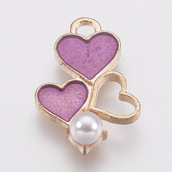 Zinc Alloy Enamel Pendants, with Acrylic Beads, Heart, Golden, Orchid, 19x13x5mm, Hole: 1.5mm