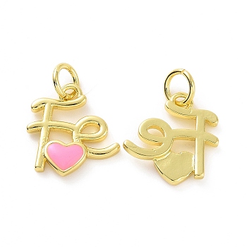 Rack Plating Brass Enamel Charms, with Jump Ring, Long-Lasting Plated, Real 18K Gold Plated, Cadmium Free & Lead Free, Word Fe with Heart, Pink, 13.5x12.5x2.5mm, Jump Ring: 5x0.8mm, Inner Diameter: 3mm