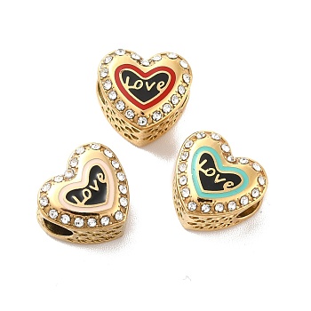 304 Stainless Steel European Beads, Large Hole Beads, with Rhinestone and Enamel, Heart with Word Love, Golden, Mixed Color, 11.5x12.5x8.2mm, Hole: 4.2mm