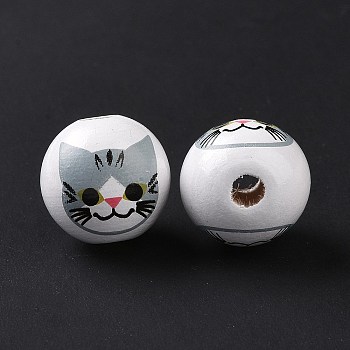 Printed Wood European Beads, Large Hole Beads, Round with Cat Pattern, Gray, 15.5~16x14.5~15mm, Hole: 4.6mm