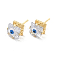 Glass Square with Enamel Evil Eye Stud Earrings, Real 18K Gold Plated Brass Jewelry for Women, White, 9x9.5mm, Pin: 1mm(EJEW-P210-03G-02)