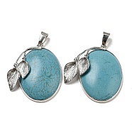 Synthetic Turquoise Pendants, Platinum Plated Alloy Oval Charms with Leaf, 45x31x12.5mm, Hole: 10x5mm(G-Z050-05A)