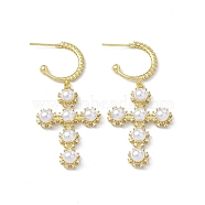 Cubic Zirconia Ring with Cross Dangle Stud Earrings with Plastic Pearl Beaded, Rack Plating Brass Half Hoop Earrings for Women, Cadmium Free & Lead Free, Real 18K Gold Plated, 61.5mm, Pin: 0.9mm(EJEW-I277-08G)