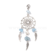 Natural Aquamarine Chip Pendant Decoration, Alloy Woven Net/Web with Wing Hanging Ornament, with Natural Cultured Freshwater Pearl, 304 Stainless Steel Lobster Claw Clasps
, 98~100mm(HJEW-JM00719-06)