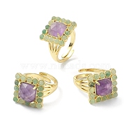 Natural Amethyst & Green Aventurine Rectangle Adjustable Ring, Real 18K Gold Plated Brass Wide Ring for Women, Inner Diameter: 17mm(RJEW-B030-01A-10)