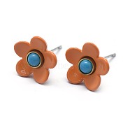 Spray Painted Brass Stud Earrings, with Synthetic Turquoise, Plastic Ear Nuts, Platinum, Coral, 11mm, Pin: 0.5mm(EJEW-F236-01C)