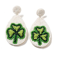 Saint Patrick's Day Glass Seed Beaded Dangle Stud Earrings, 304 Stainless Steel Long Drop Earrings, Teardrop, 69x36mm(EJEW-F327-01B)