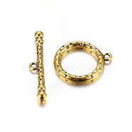 Tibetan Style Toggle Clasps, Zinc Alloy Bead Caps, Antique Golden, Lead Free and Cadmium Free, Size: Ring: 21mm wide, 26mm long, Bar: 37mm long, hole: 2mm.(X-GLF1408Y)