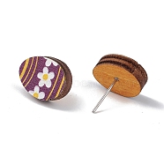 Natual Wood Easter Stud Earrings, 316 Stainless Steel Jewelry for Women, Egg Pattern, 14x11mm, Pin: 0.6mm(EJEW-C013-02A)