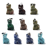Natural & Synthetic Mixed Gemstone Pendants, Cat Shape Charms with Platinum Plated Metal Snap on Bails, Mixed Dyed and Undyed, 24x15.5x10mm, Hole: 3.5x5.5mm(G-B068-05P)