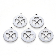 201 Stainless Steel Pendants, Laser Cut, Flat Round with Clovers, Stainless Steel Color, 18x15.5x1mm, Hole: 1.2mm(X-STAS-N092-12)