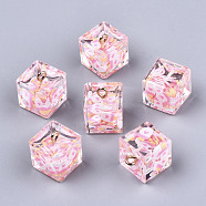 Transparent Epoxy Resin Pendants, with Polymer Clay Inside and Golden Plated Iron Loop, Cube with Cake Inside, Pearl Pink, 16x14x14mm, Hole: 2mm(X-CRES-N025-10B)