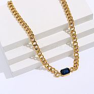 Cubic Zirconia Rectangle Pendant Necklace, with Golden Stainless Steel Cuban Link Chains, Prussian Blue, 18.90 inch(48cm)(MR3032-2)