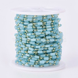 Handmade Glass Beaded Chains, Soldered, with Brass Findings, with Spool, Long-Lasting Plated, Real 18K Gold Plated, Cuboid, Pale Turquoise, 4.5x2.5~3x2.5~3mm, 2mm, about 32.8 Feet(10m)/roll(CHC-F008-B14)