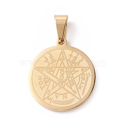 Ion Plating(IP) 304 Stainless Steel Flat Round, Tetragrammaton Pentagram Wiccan Pendant, Laser Cut, Golden, 27x24x2mm, Hole: 9x5mm(STAS-L123-32G)