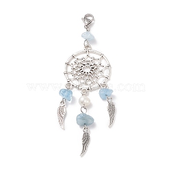 Natural Aquamarine Chip Pendant Decoration, Alloy Woven Net/Web with Wing Hanging Ornament, with Natural Cultured Freshwater Pearl, 304 Stainless Steel Lobster Claw Clasps
, 98~100mm(HJEW-JM00719-06)