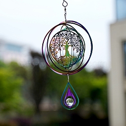 Metal 3D Wind Spinner, with Glass Beads, for Outdoor Courtyard Garden Hanging Decoration, Rainbow Color, Tree of Life, 150mm(PW-WG31340-11)